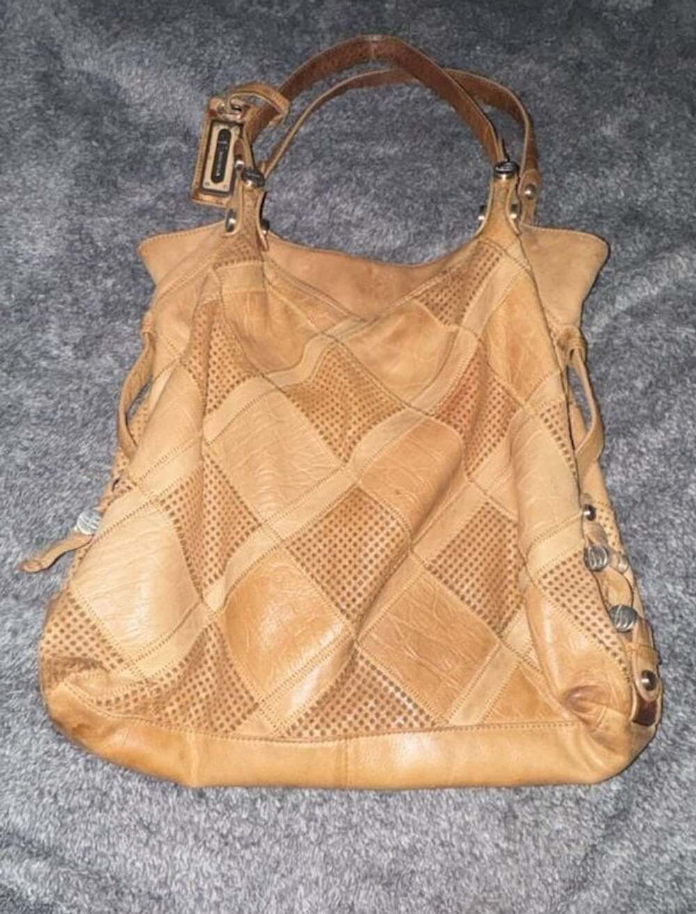 B. Makowsky Soft Leather Patchwork Shoulder Bag Tan